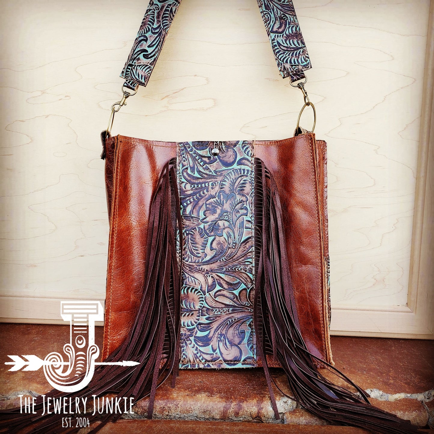 Leather Box Handbag w/ Turquoise Brown Floral Accents 504f