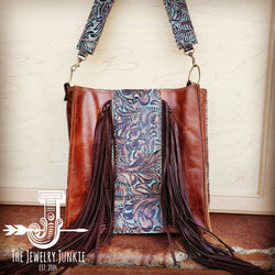 Leather Box Handbag w/ Turquoise Brown Floral Accents 504f