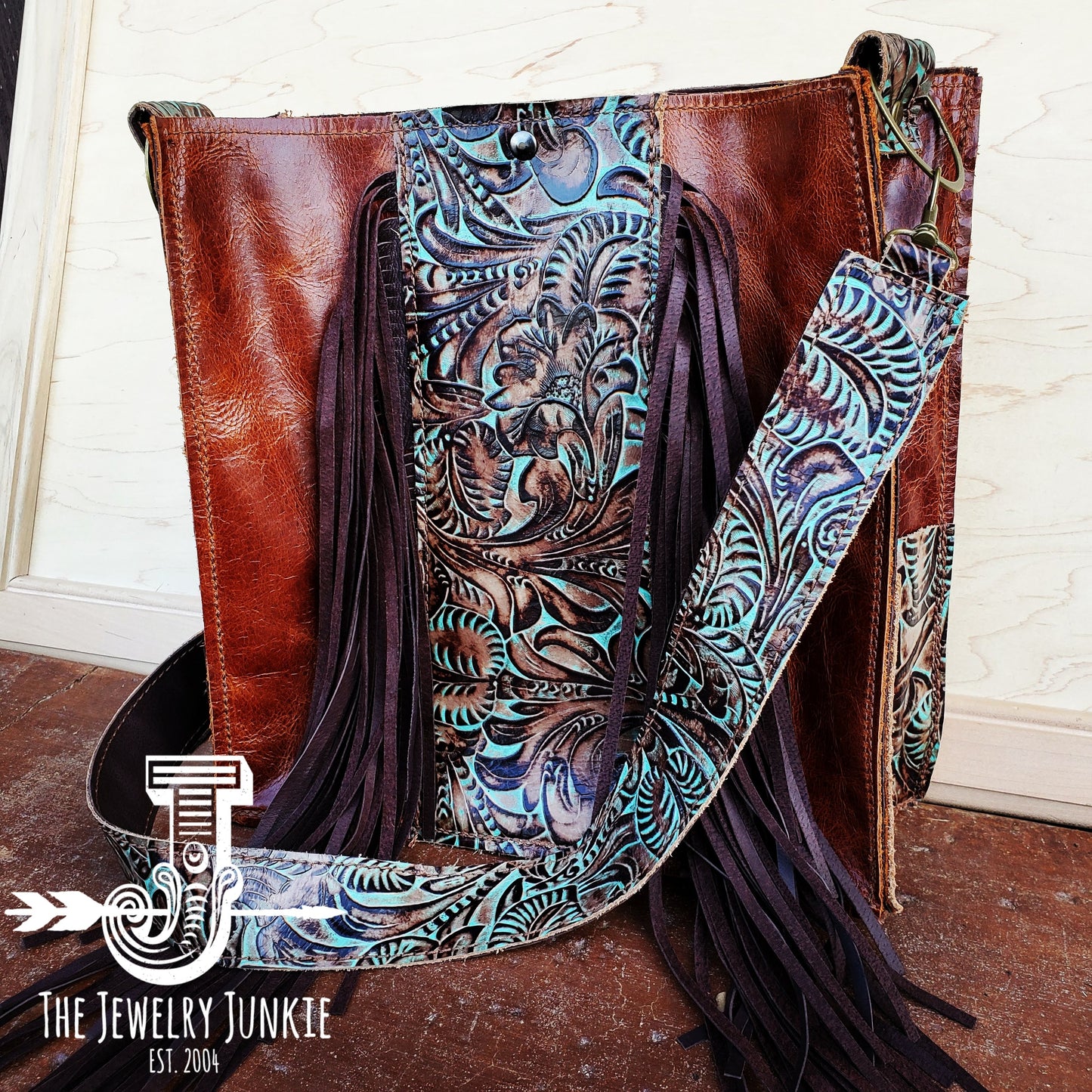 Leather Box Handbag w/ Turquoise Brown Floral Accents 504f