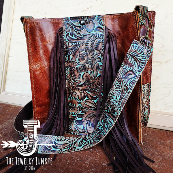 Leather Box Handbag w/ Turquoise Brown Floral Accents 504f