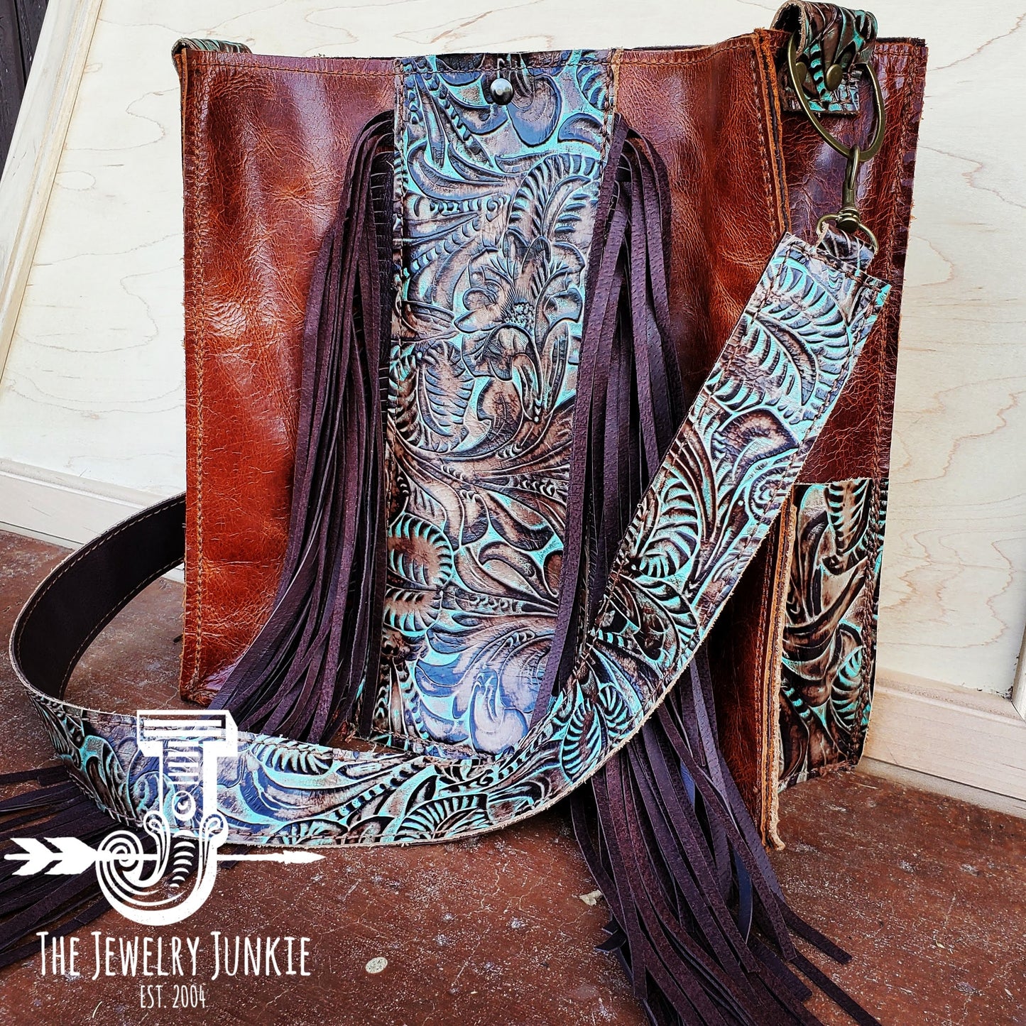 Leather Box Handbag w/ Turquoise Brown Floral Accents 504f