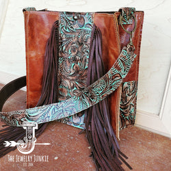 Leather Box Handbag w/ Turquoise Brown Floral Accents 504f