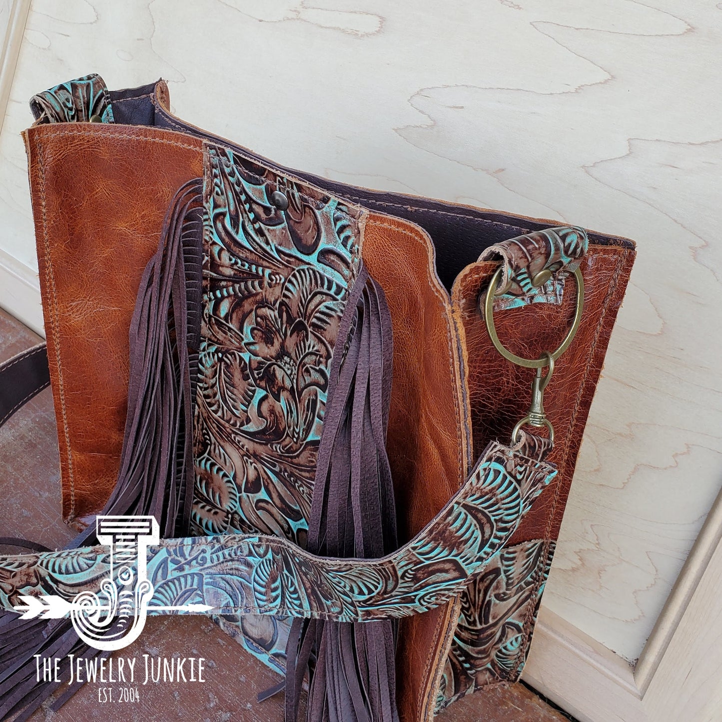 Leather Box Handbag w/ Turquoise Brown Floral Accents 504f