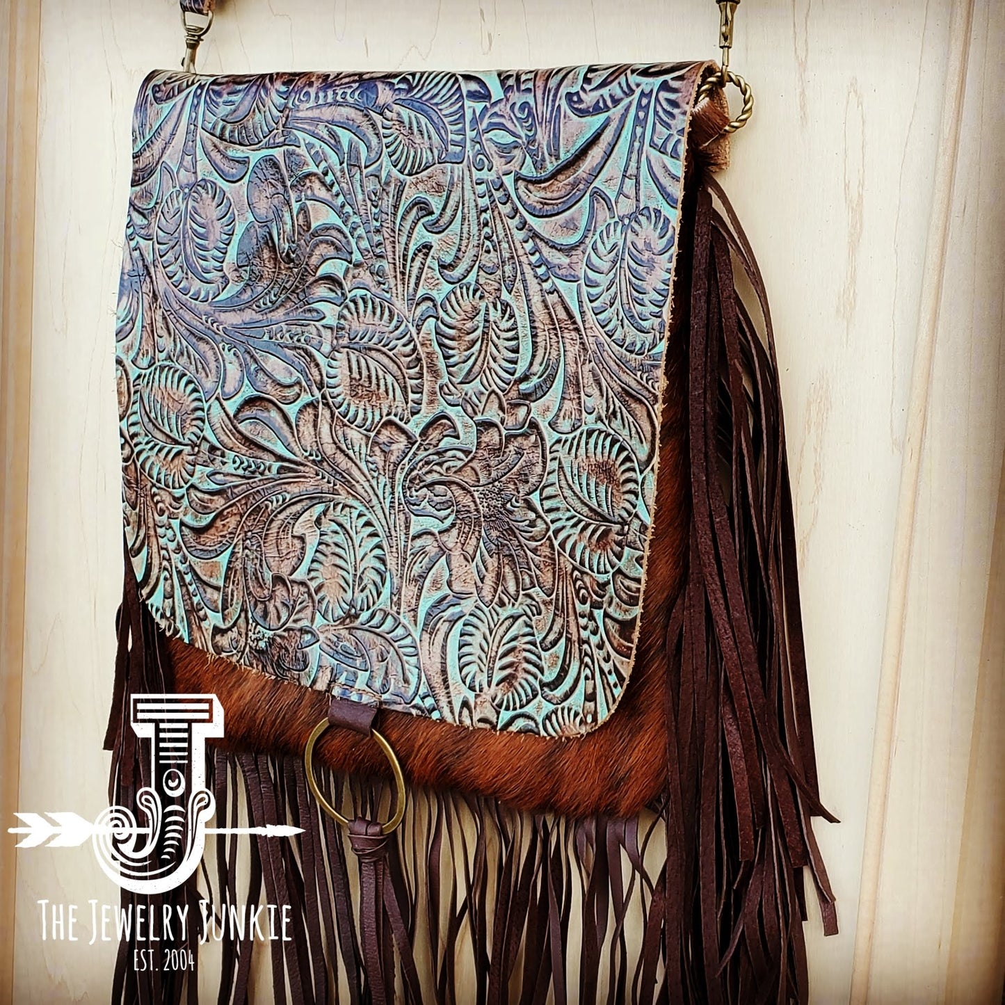 Hair-On-Hide w/ Turquoise Brown Floral Flap Crossbody Handbag 504k