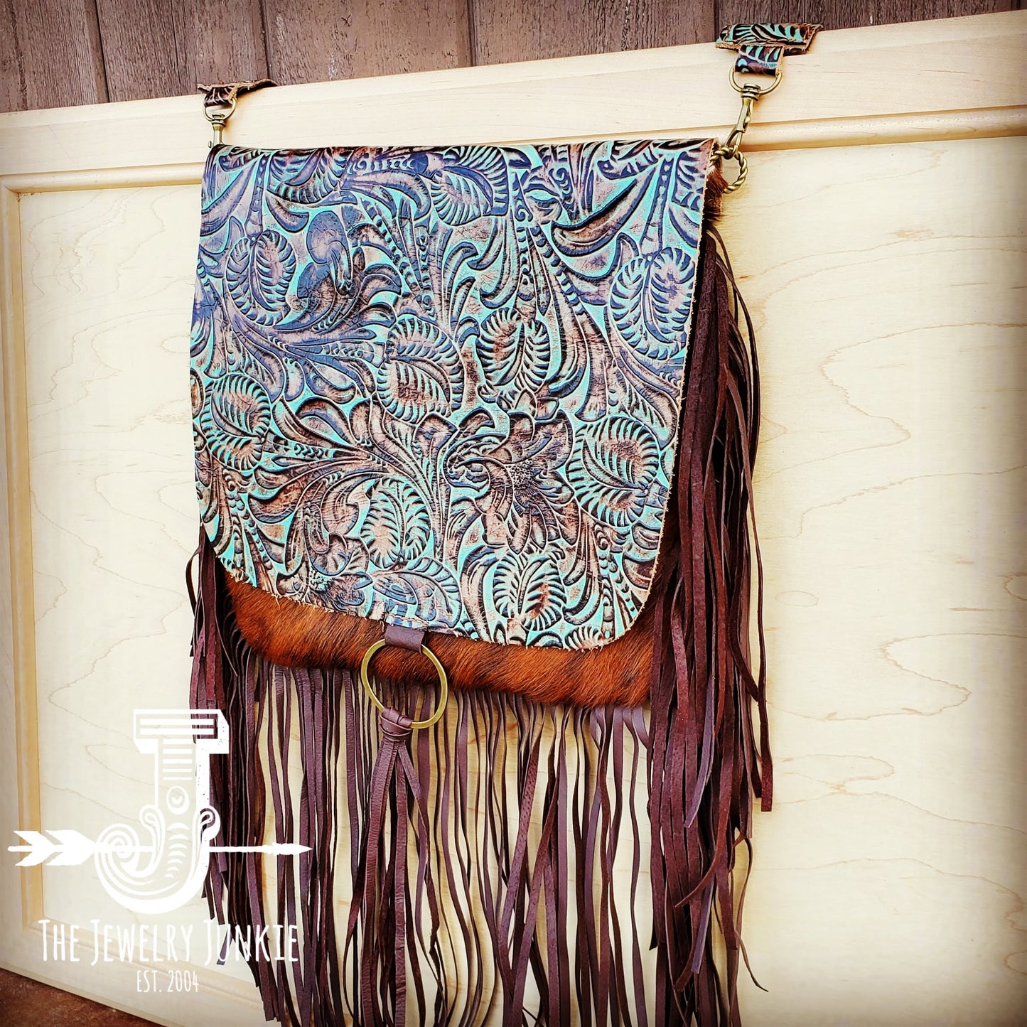 Hair-On-Hide w/ Turquoise Brown Floral Flap Crossbody Handbag 504k