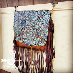 Hair-On-Hide w/ Turquoise Brown Floral Flap Crossbody Handbag 504k