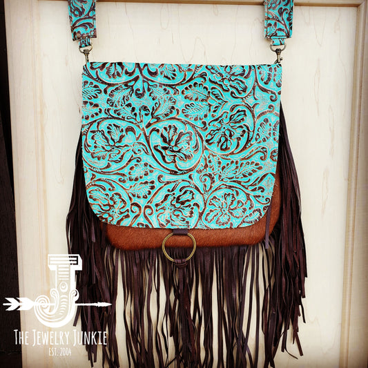 Hair-On-Hide w/ Cowboy Turquoise Flap Crossbody Handbag 504j