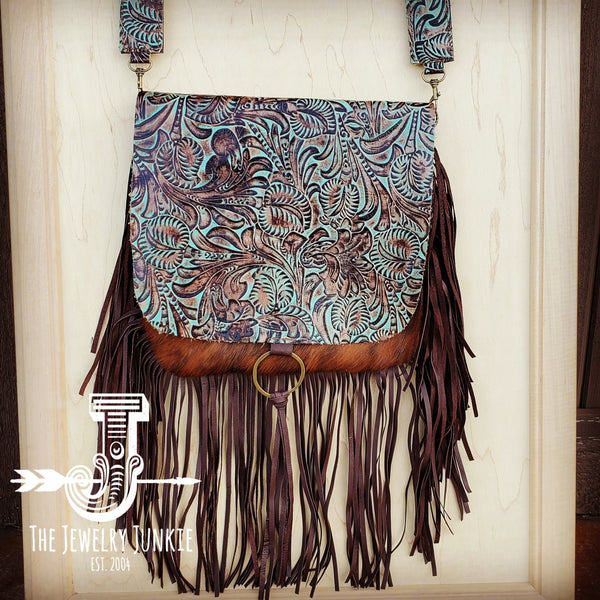 Hair-On-Hide w/ Turquoise Brown Floral Flap Crossbody Handbag 504k