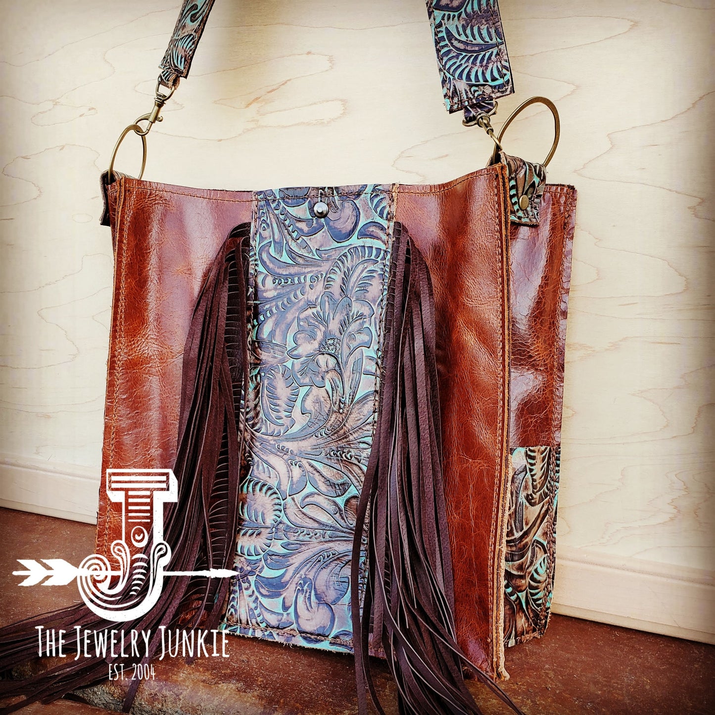 Leather Box Handbag w/ Turquoise Brown Floral Accents 504f