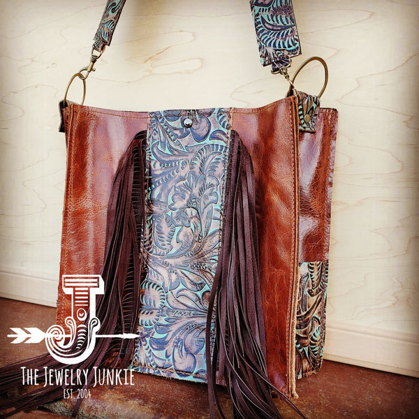 Leather Box Handbag w/ Turquoise Brown Floral Accents 504f