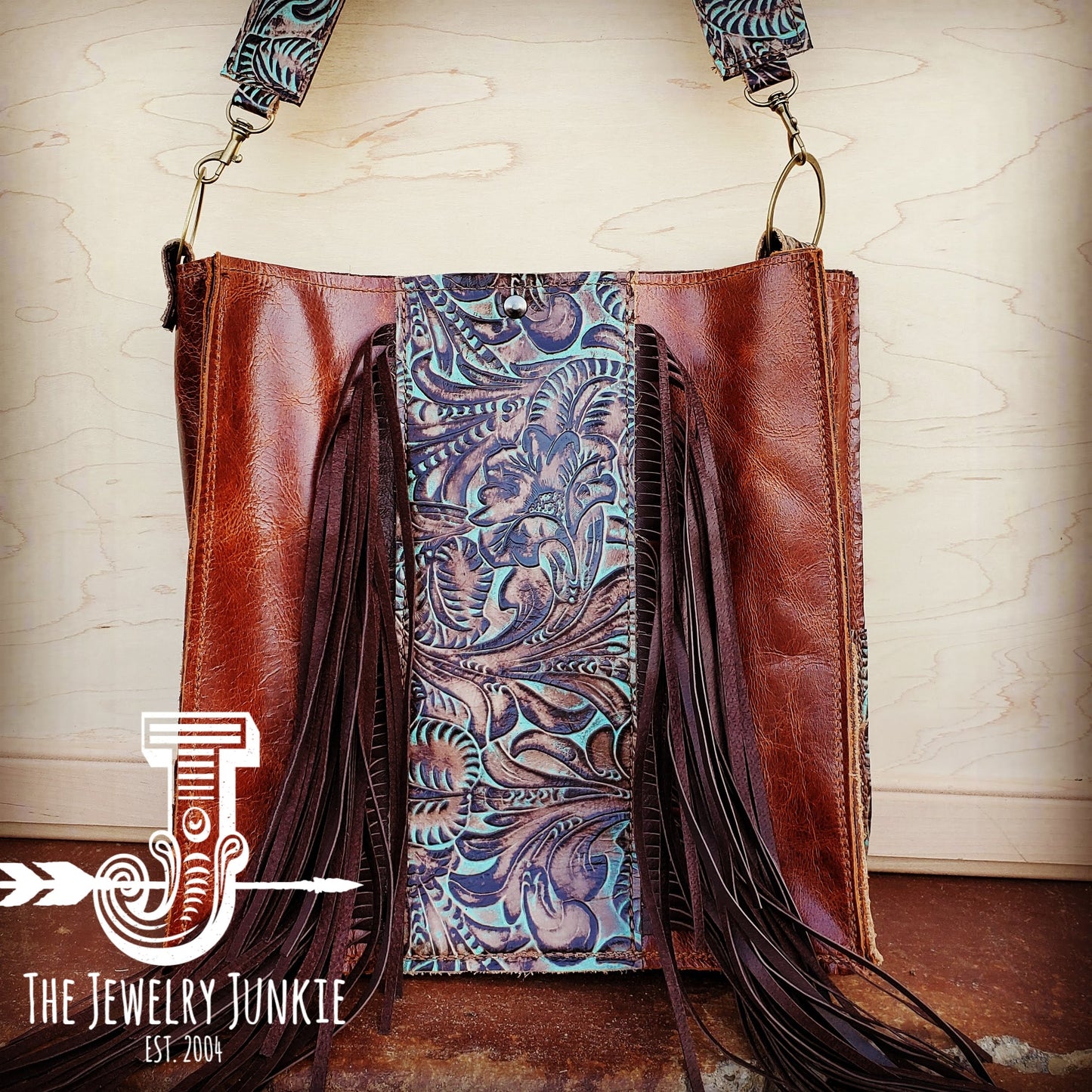 Leather Box Handbag w/ Turquoise Brown Floral Accents 504f