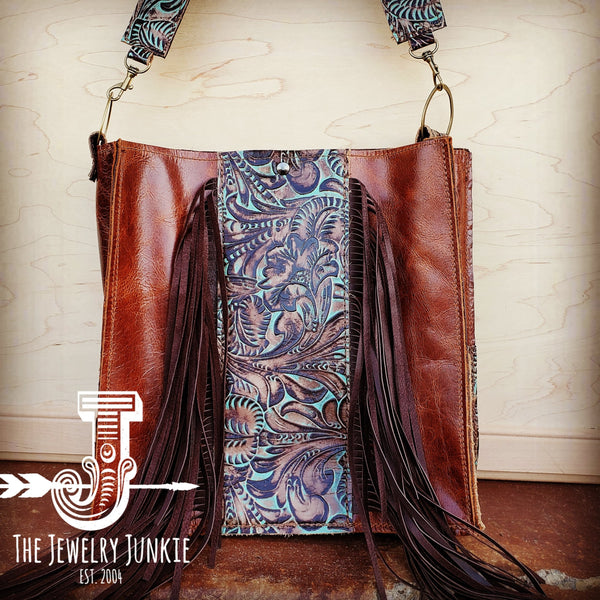 Leather Box Handbag w/ Turquoise Brown Floral Accents 504f