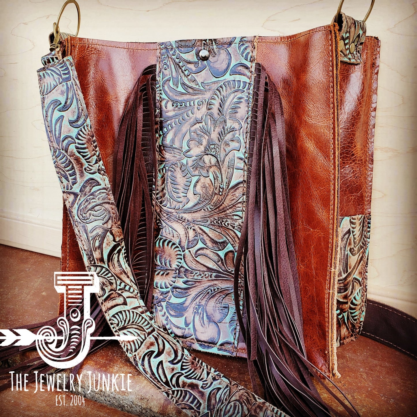 Leather Box Handbag w/ Turquoise Brown Floral Accents 504f