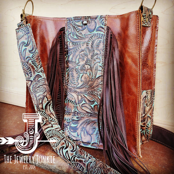 Leather Box Handbag w/ Turquoise Brown Floral Accents 504f