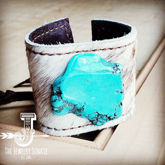 Leather Cuff w/ Tie-Spotted Hair-on-Hide w/ Turquoise Slab (001p)