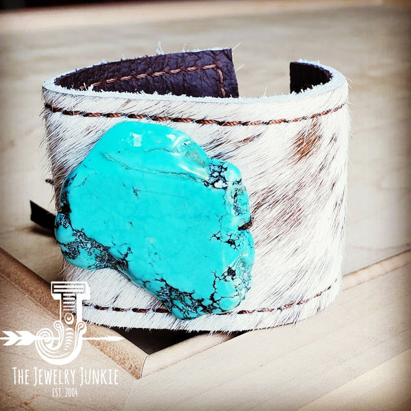 Leather Cuff w/ Tie-Spotted Hair-on-Hide w/ Turquoise Slab (001p)
