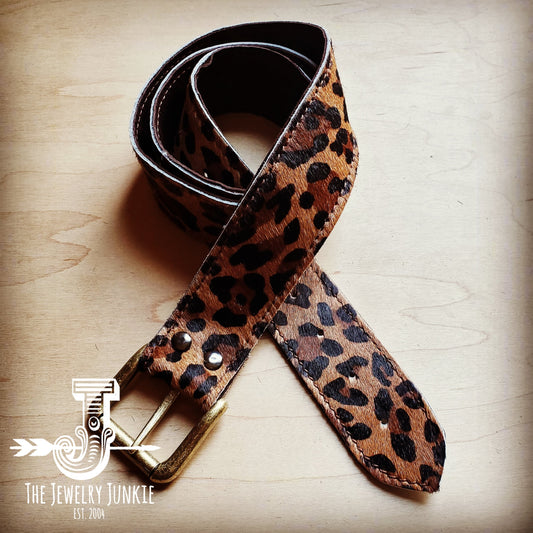Hair on Hide Leopard Leather Belt w/ Antique Gold Belt Buckle 901n