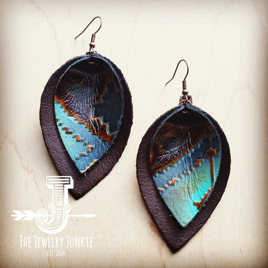 Leather Double Stacked Earrings-Blue Navajo 203q