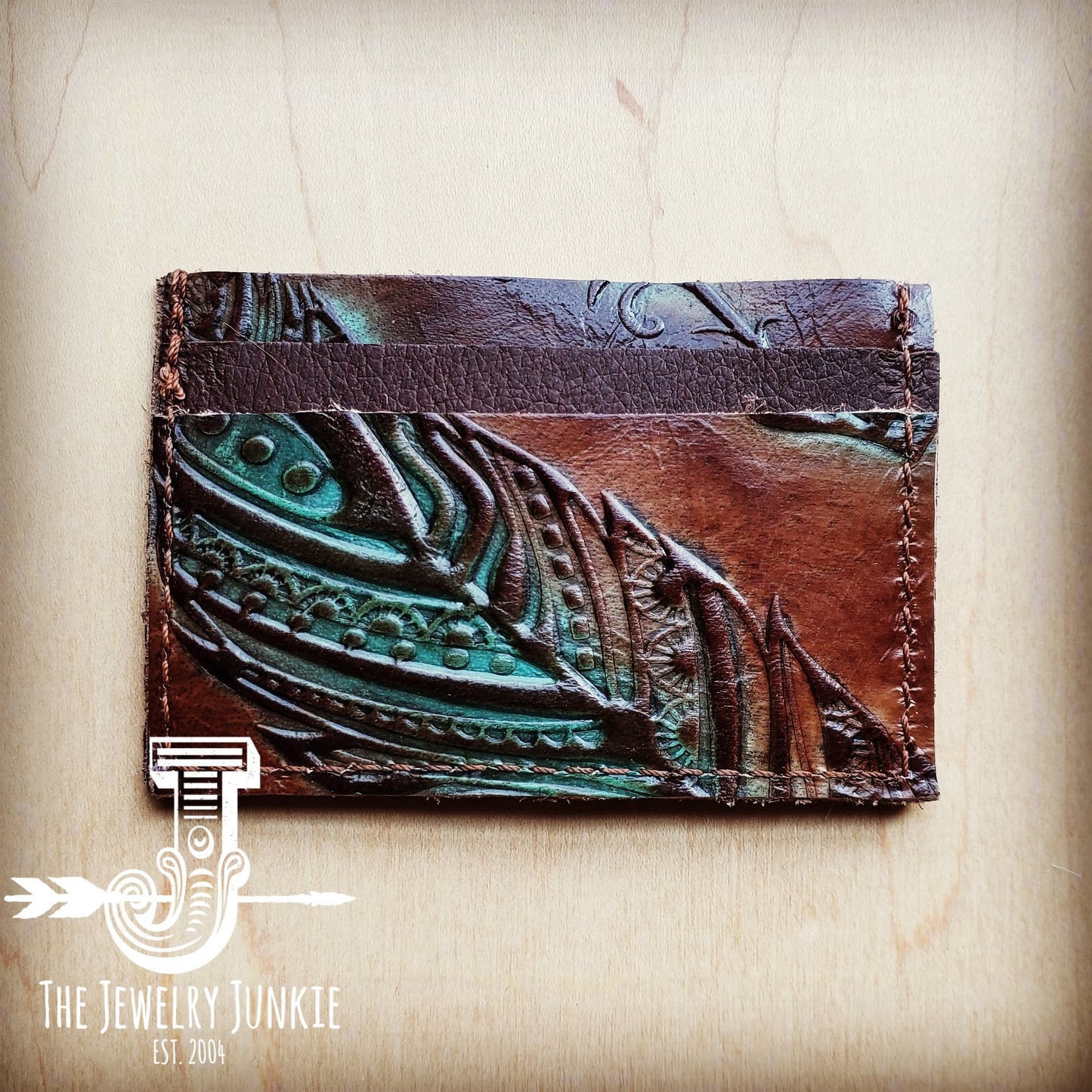 *Embossed Leather Credit Card Holder-Turquoise Feather 601k