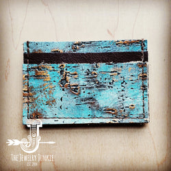 Embossed Leather Credit Card Holder-Turquoise Metallic 601L