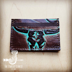 **Embossed Leather Credit Card Holder-Turquoise Steer 601n