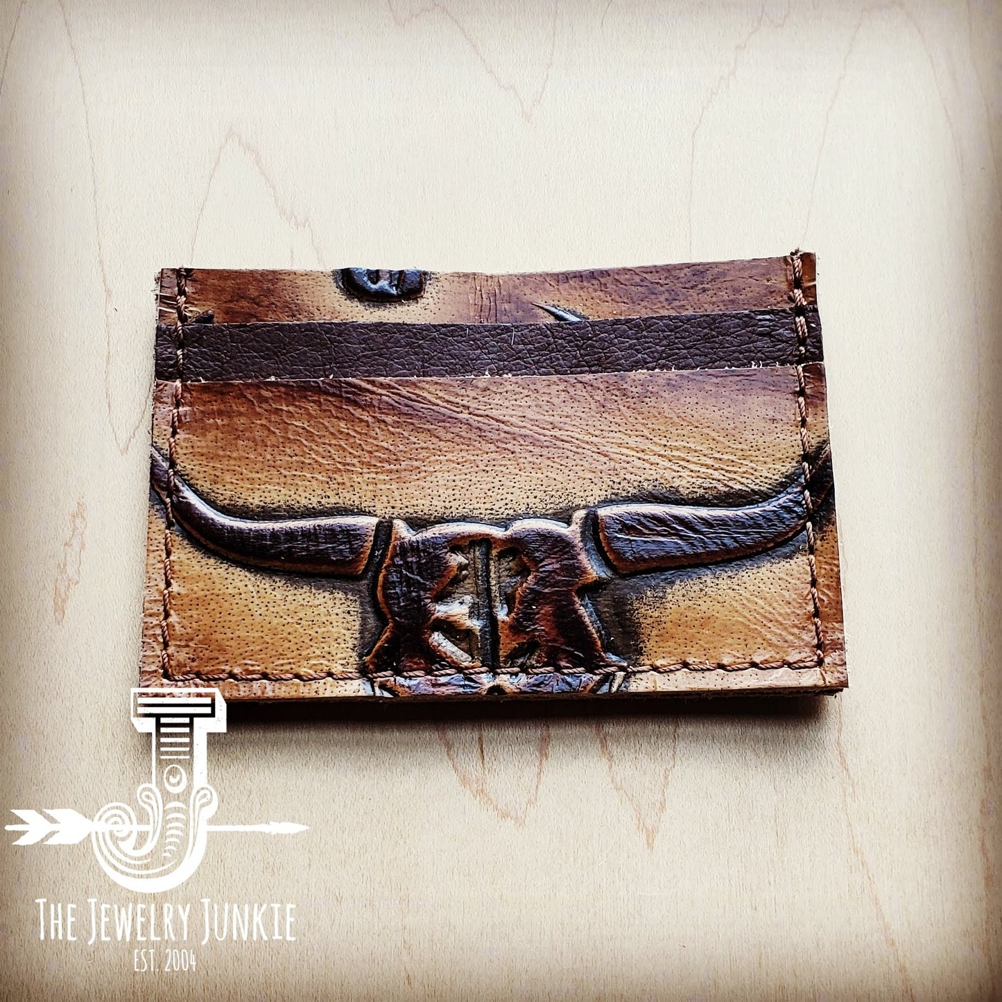 *Embossed Leather Credit Card Holder- Tan Steer 601o