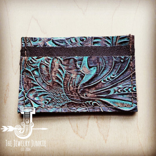 Embossed Leather Credit Card Holder-Turquoise Brown Floral 601m