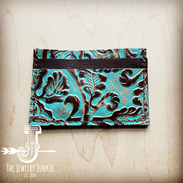 Embossed Leather Credit Card Holder- Cowboy Turquoise 601b