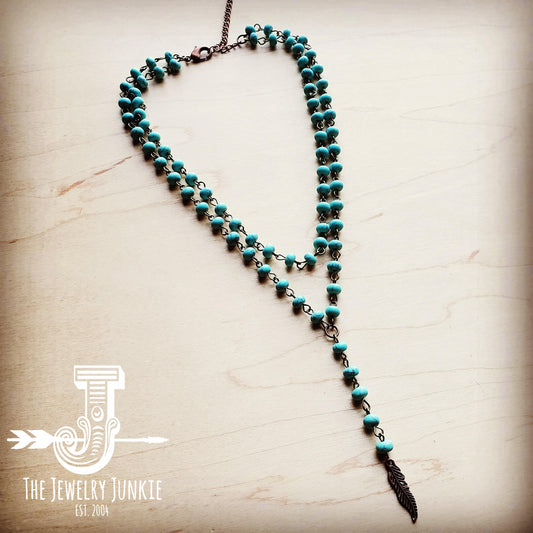 Double Strand Lariat Turquoise Necklace w/ Copper Feather 251e