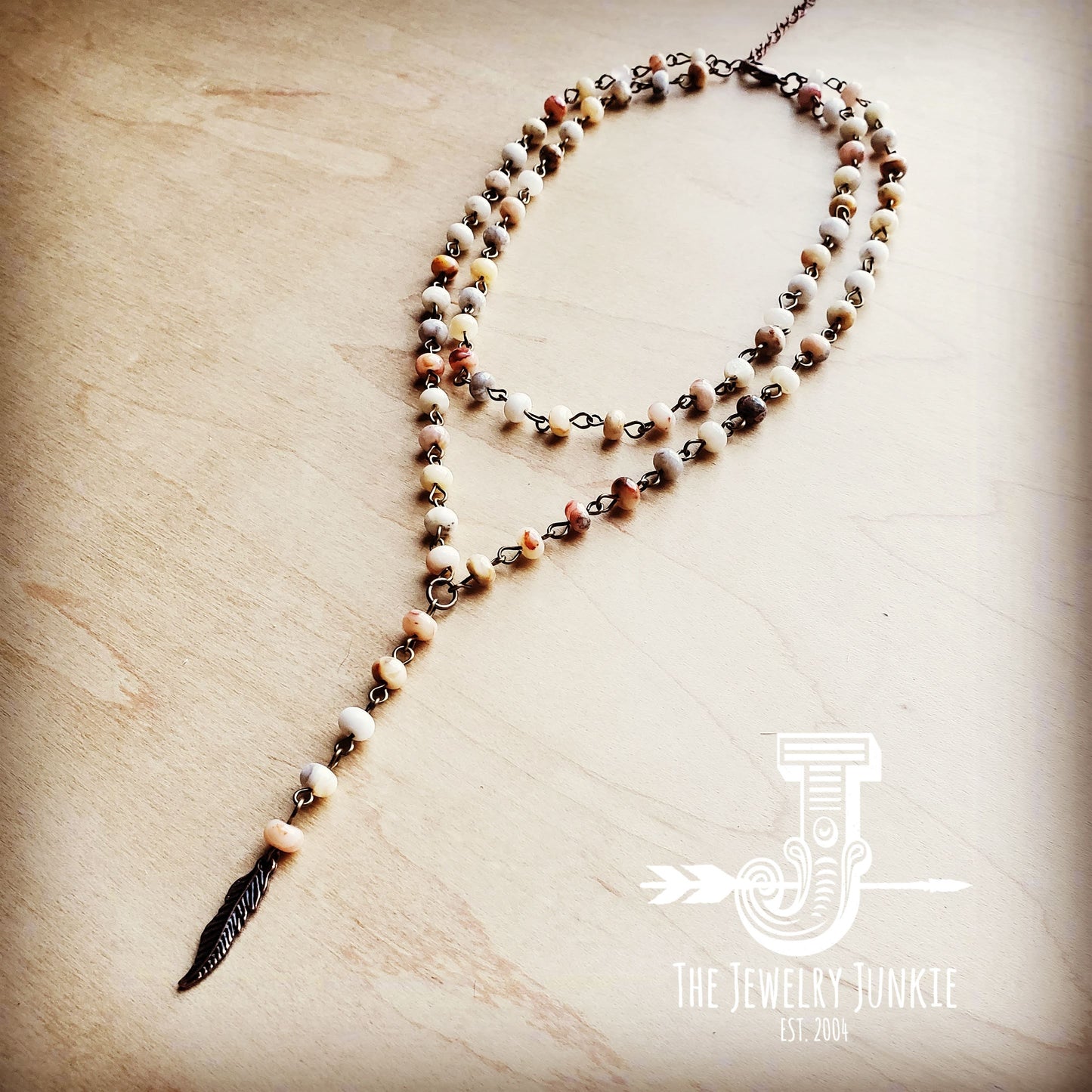 Double Strand Lariat Natural Agate Necklace w/ Copper Feather 251f