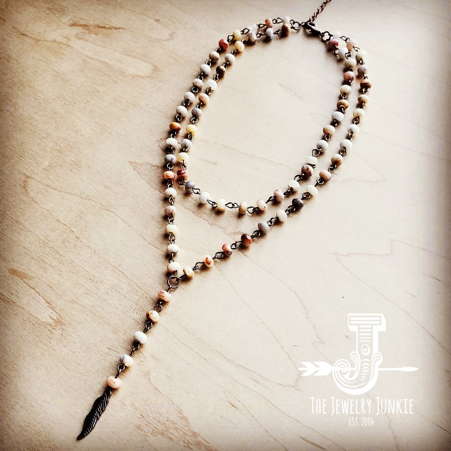 Double Strand Lariat Natural Agate Necklace w/ Copper Feather 251f