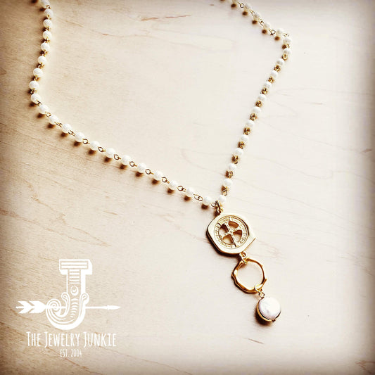 Pearl Necklace w/ Matte Gold Medallion Pearl Pendant 251o