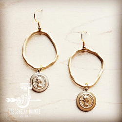 Matte Gold Hoop Earrings with Coin Dangle 203v