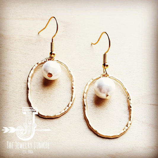 Matte Gold Hoop Earrings with Pearl Dangle 203s