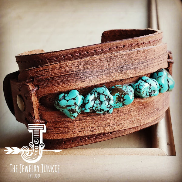 Dusty Leather Wide Cuff with Blue Turquoise Chunks 001z