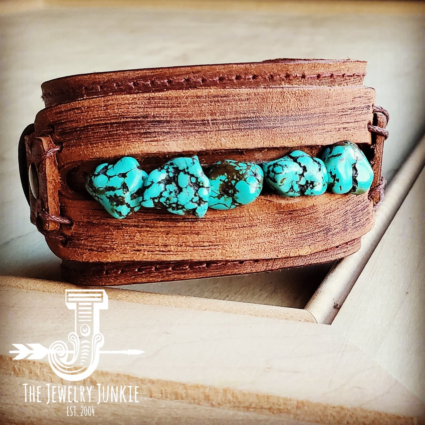 Dusty Leather Wide Cuff with Blue Turquoise Chunks 001z