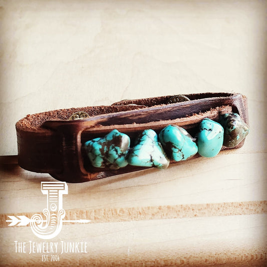 Dusty Leather Narrow Cuff with Blue Turquoise Chunks 002a