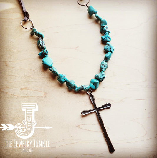 Blue Turquoise Necklace w/ Copper Cross Pendant
