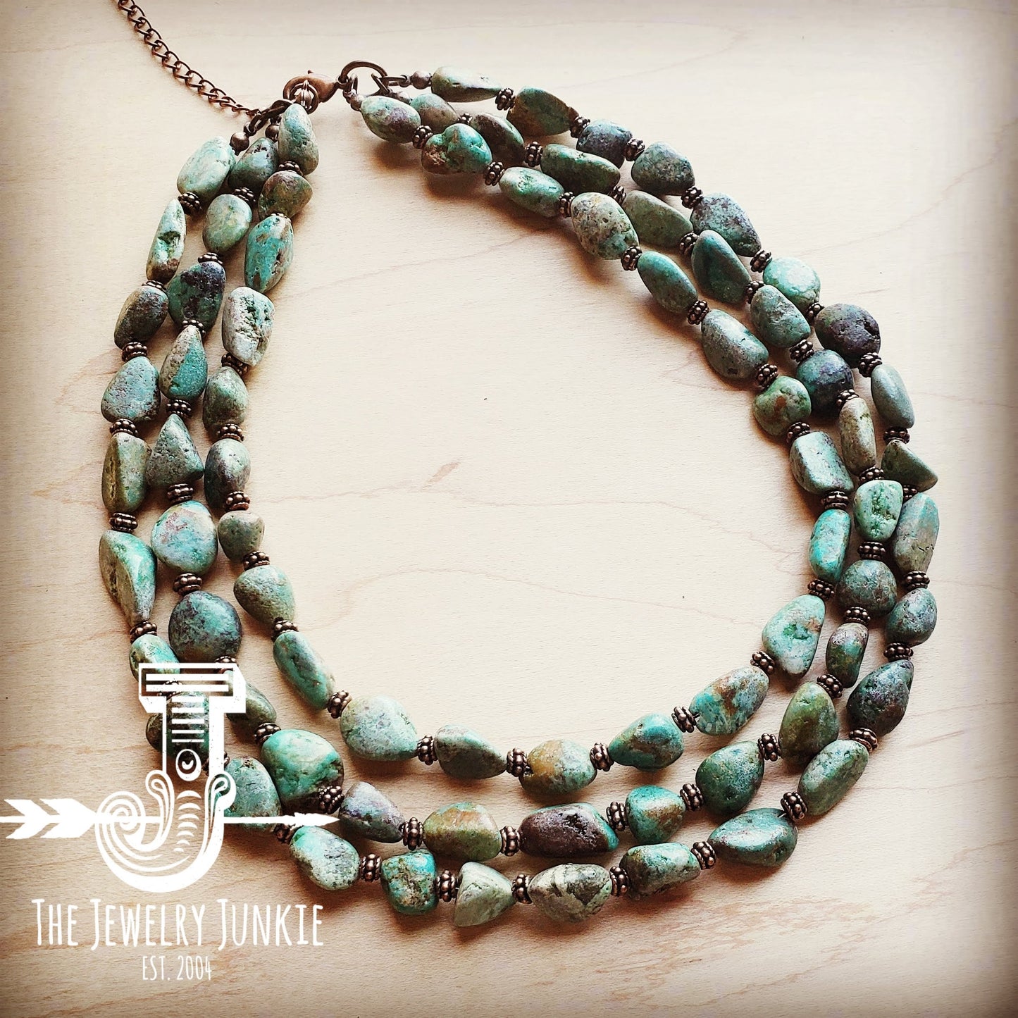 Triple Strand Natural Turquoise & Copper Collar Necklace 250n