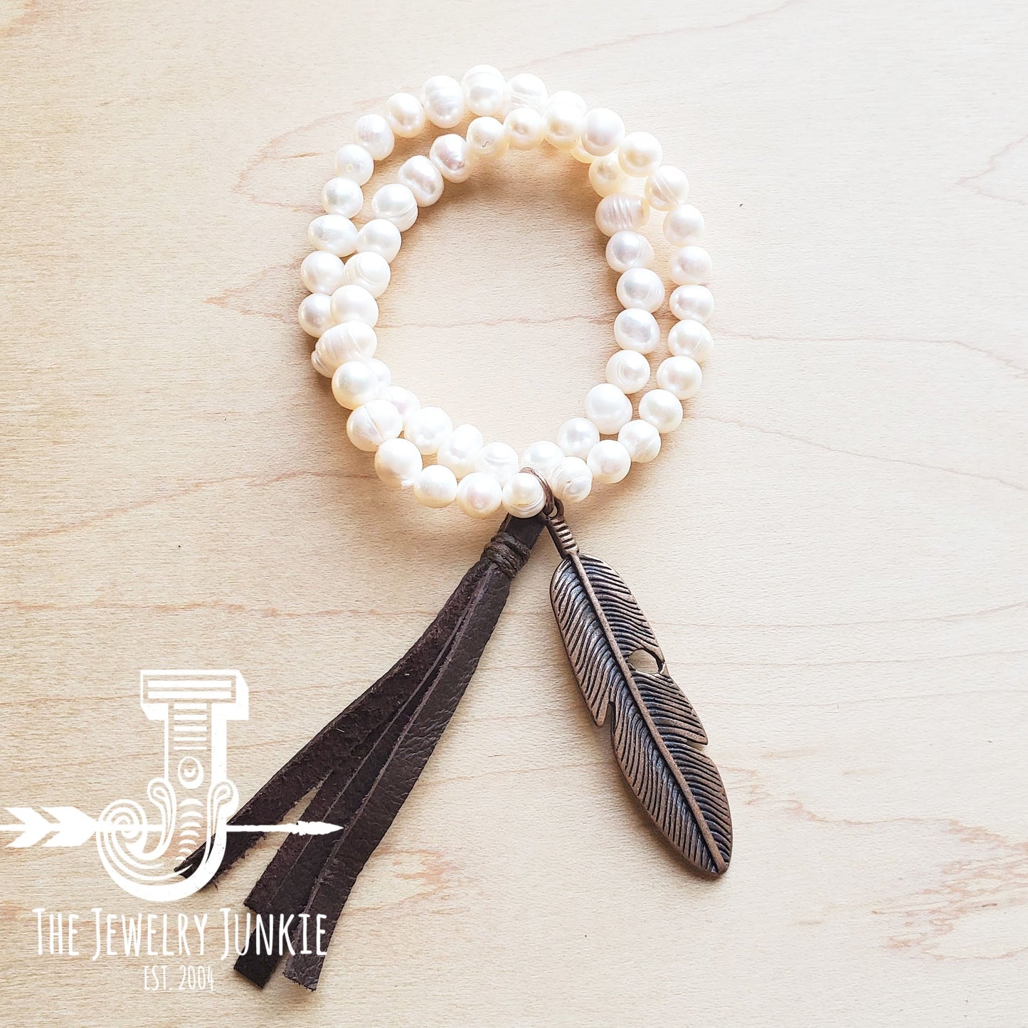 Freshwater Pearl Bracelet with Copper Feather