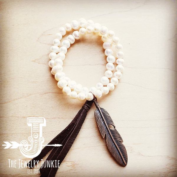 Double Strand GENUINE PEARL Bracelet With COPPER FEATHER 052d