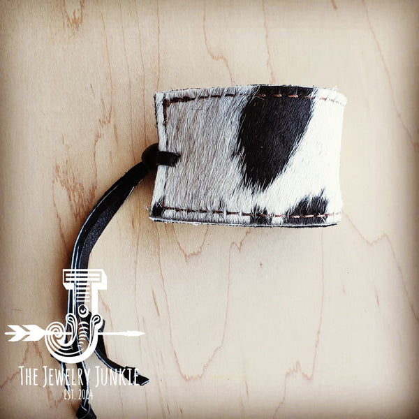 **Leather Cuff w/ Adjustable Tie in Black & White Hair on Hide 002d