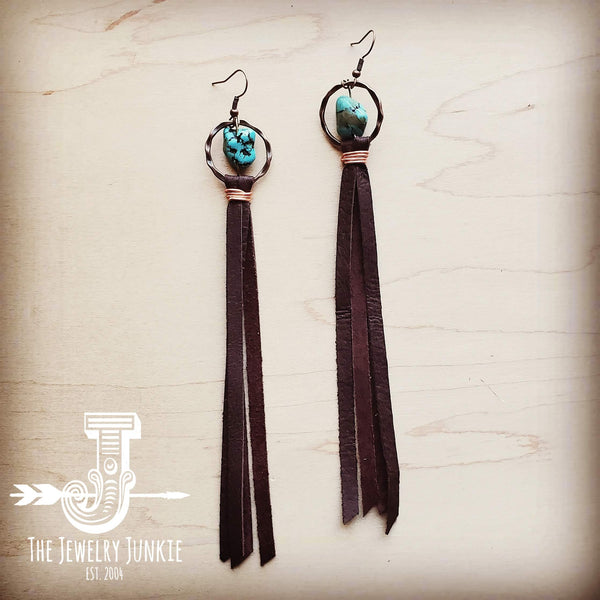 Turquoise Drop Earrings w/ Brown Leather Tassel 203z