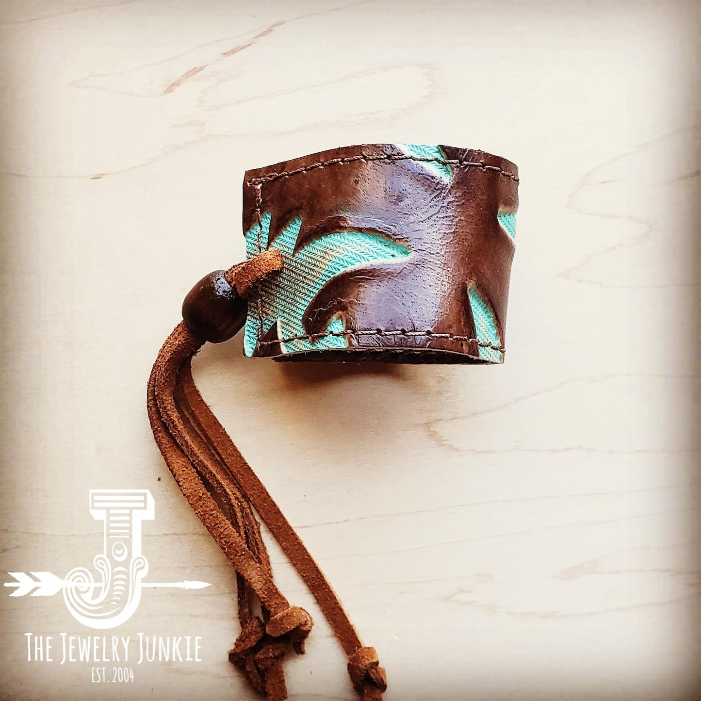 Leather Cuff w/ Adjustable Tie in Turquoise Laredo 002c