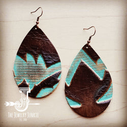 Leather Teardrop Earrings-Brown and Turquoise Laredo 204d