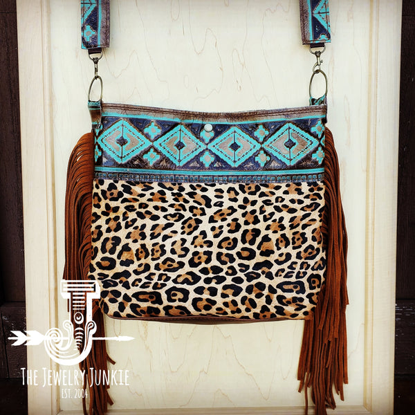 Tejas Leather Bucket Leopard Handbag with Santa Fe Accent 505g