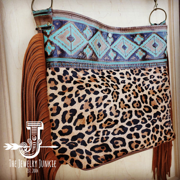 Tejas Leather Bucket Leopard Handbag with Santa Fe Accent 505g
