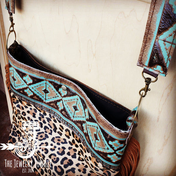 Tejas Leather Bucket Leopard Handbag with Santa Fe Accent 505g