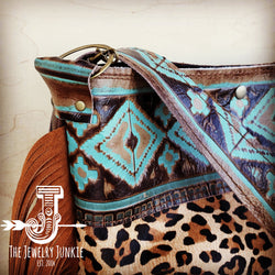 Tejas Leather Bucket Leopard Handbag with Santa Fe Accent 505g