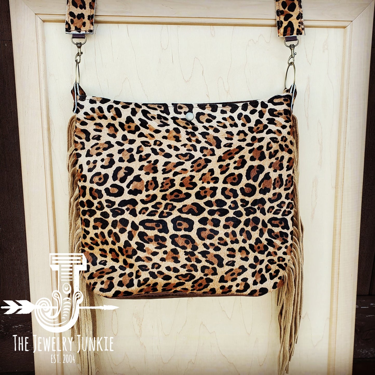 Tejas Leather Bucket Leopard Handbag with Tan Fringe 505h